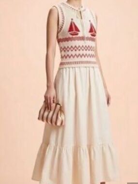 Nantucket Nights Moon River Cream Maxi Dress Knit Sailboat XS Drop Waist Bodice